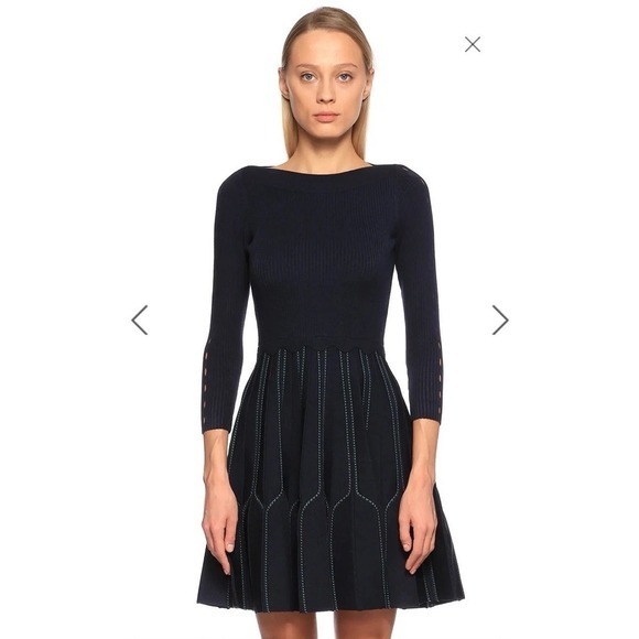 Sandro Paris Navy Blue Contrast Stitch Knit Skater Dress - Size 34 / 2 US